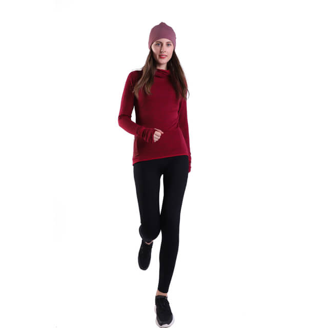 女子瑜伽套头衫红色热羊毛运动长袖跑步，带有拇指孔拉链口袋